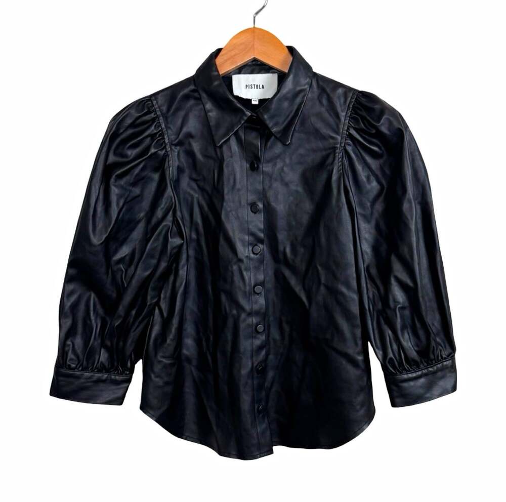 Pistola Women’s Black Faux Leather Puff Sleeve Collared Button Up Shirt XS